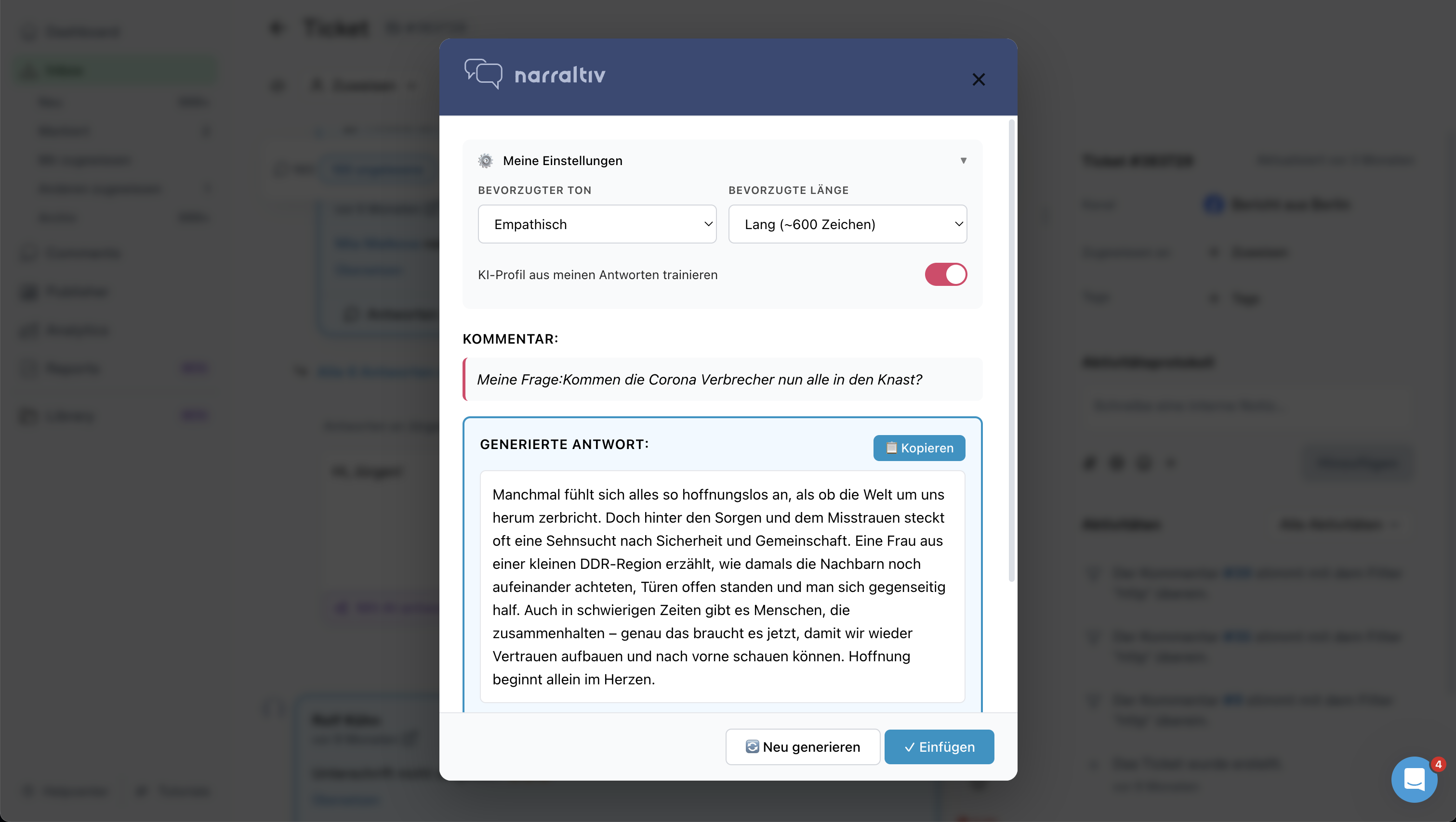 narraltiv Browser-Plugin: Generierte narrative Antwort auf einen toxischen Kommentar